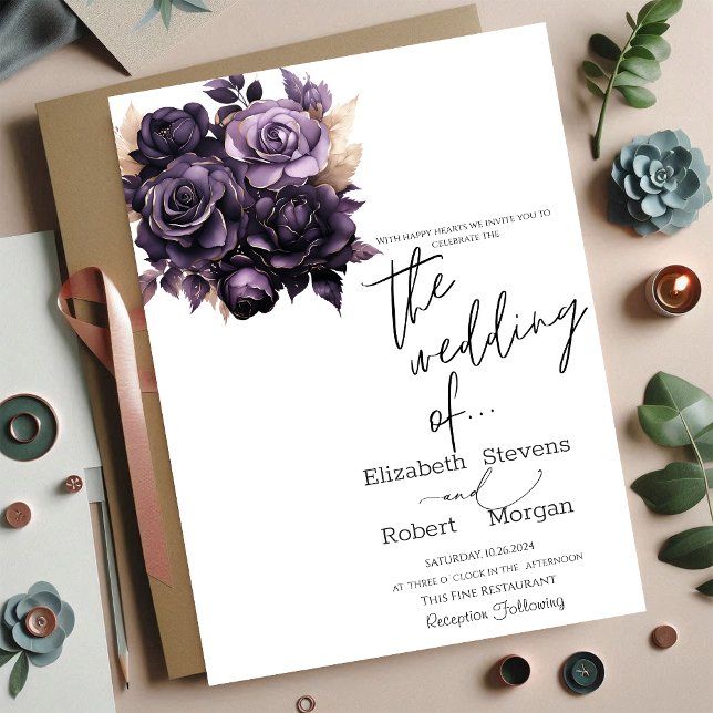 Elegant Dark Purple Flowers Wedding Invitation (Creator Uploaded)
