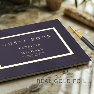 Elegant dark purple gold foil typography wedding guest book