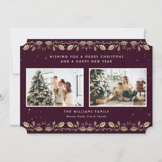 Elegant Dark Purple Gold Holly Stars Photo Holiday Card (Front)