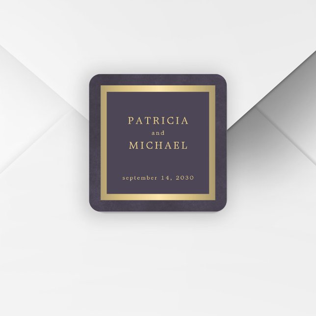 Elegant dark purple gold personalised wedding  square sticker (Creator Uploaded)