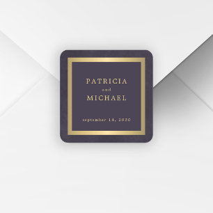Elegant dark purple gold personalized wedding  square sticker
