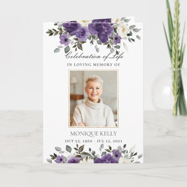 Elegant Dark Purple Ivory Floral Photo Funeral   Programme (Front)