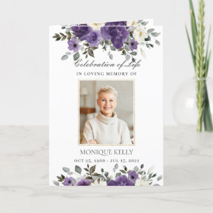 Elegant Dark Purple Ivory Floral Photo Funeral   Programme
