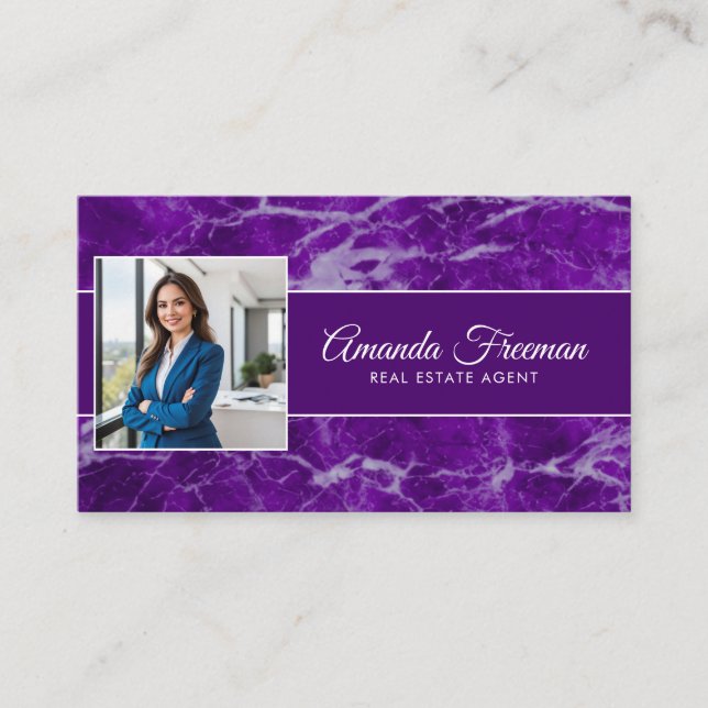 Elegant Dark Purple Marble Photo Realt Estate Business Card (Front)