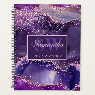 Elegant Dark Purple & Pink Glitter Agate Monogram Planner