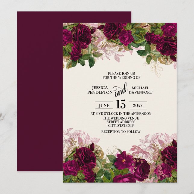 Elegant Dark Purple Plum Floral Wedding Invitation (Front/Back)