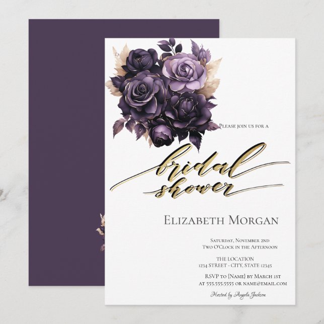 Elegant Dark Purple Roses Bridal Shower  Invitation (Front/Back)