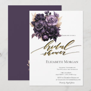 Elegant Dark Purple Roses Bridal Shower Invitation