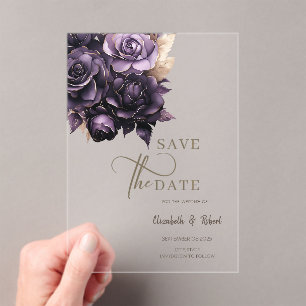 Elegant Dark Purple Roses Save The Date Acrylic Invitations