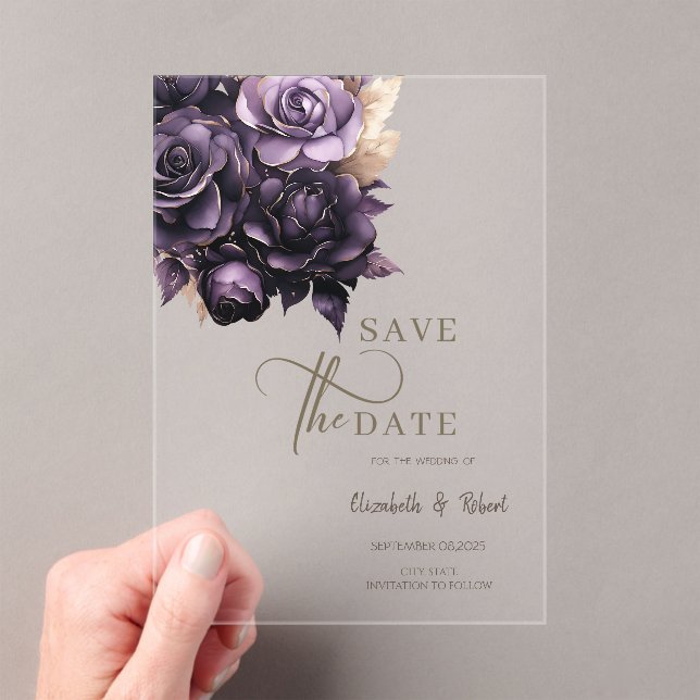 Elegant Dark Purple Roses Save The Date Acrylic Invitations (Insitu (Handheld))