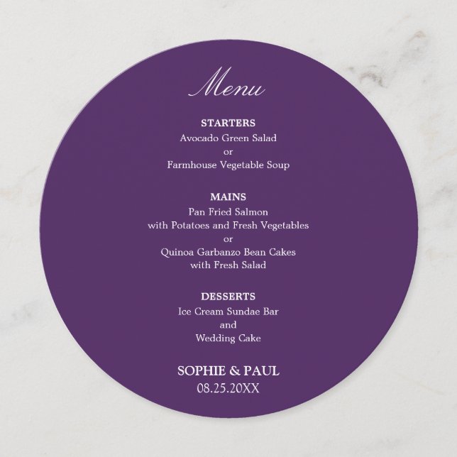 Elegant Dark Purple Round Wedding Menu (Front)