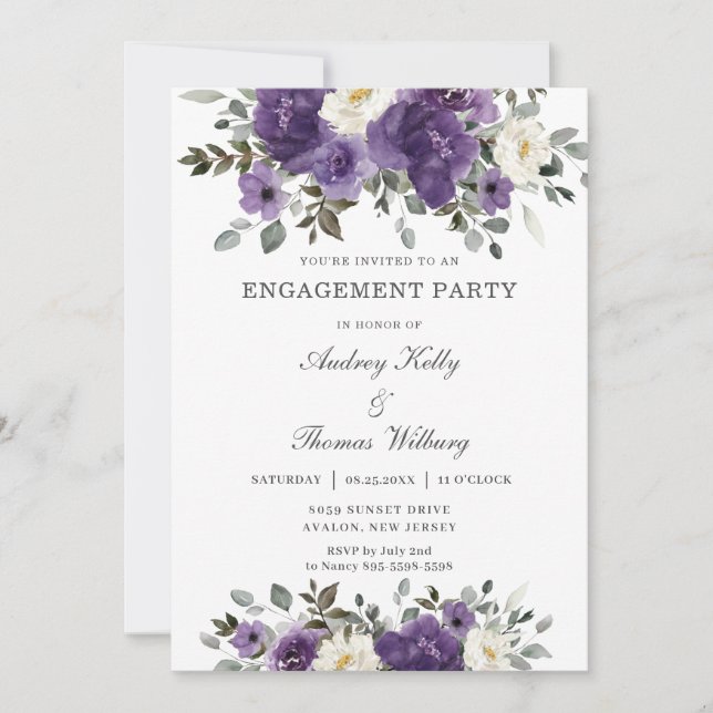 Elegant Dark Purple White Floral Engagement Party Invitation (Front)