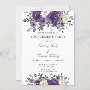 Elegant Dark Purple White Floral Engagement Party Invitation