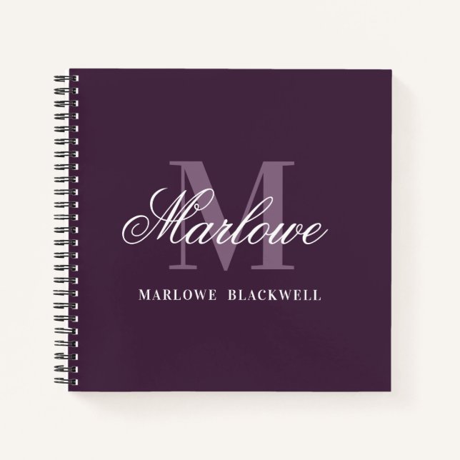 Elegant Dark Purple White Monogram Calligraphy Notebook (Front)
