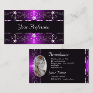 Elegant Dark Purple White Ornate Borders Add Photo Business Card
