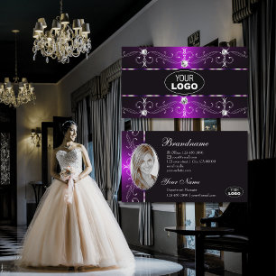 Elegant Dark Purple White Ornate Borders Logo Foto Business Card