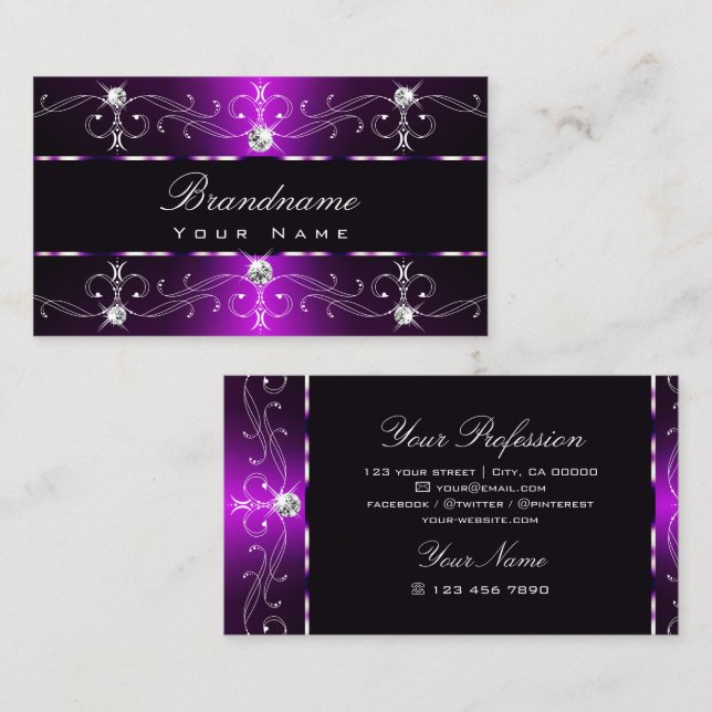 Elegant Dark Purple White Ornate Borders Ornaments Business Card (Front/Back)