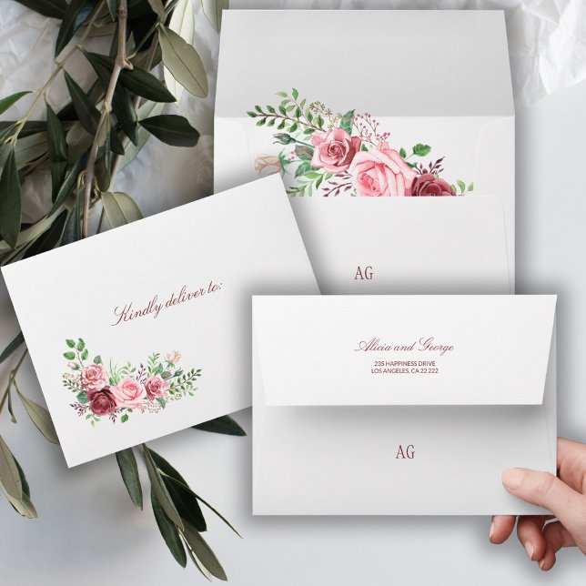 Elegant Dark Red and Blush Pink Roses Wedding Envelope (Creator Uploaded)