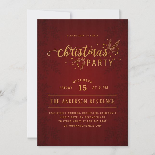 Elegant Dark Red and Gold Christmas Holiday Party Invitation (Front)