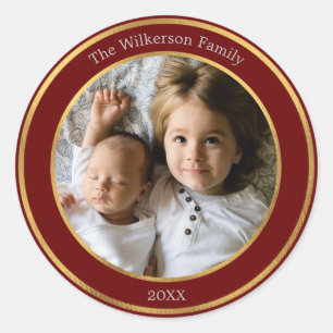 Elegant Dark Red and Gold Frame Custom Photo Classic Round Sticker