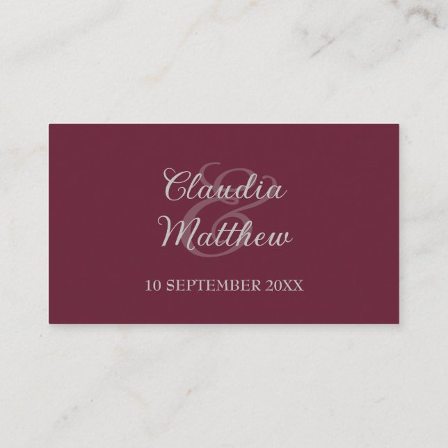 Elegant Dark Red and Silver Script Wedding  Place Card (Back)