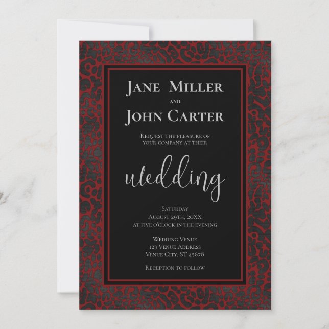 Elegant Dark Red Black Leopard Print Wedding Invitation (Front)