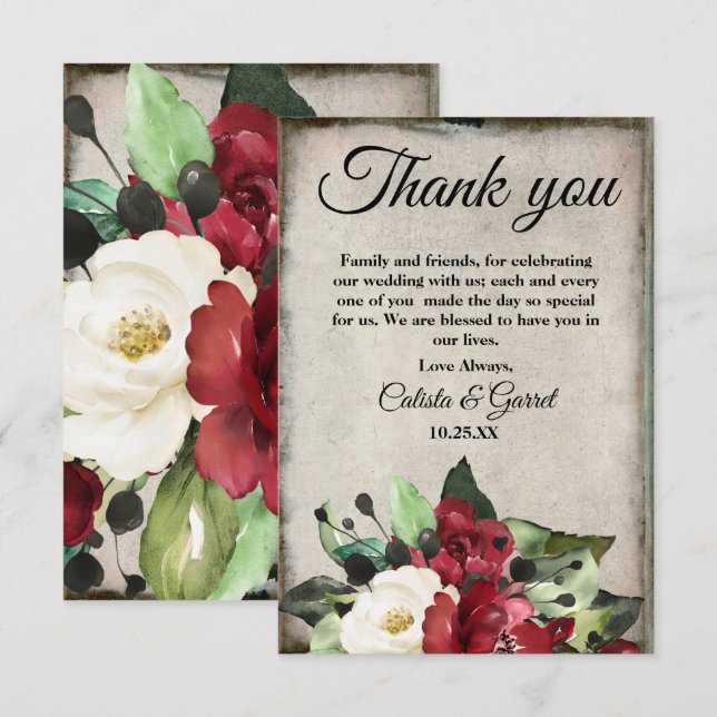 Elegant Dark Red Floral Grunge Grey Goth Wedding Thank You Card (Front/Back)