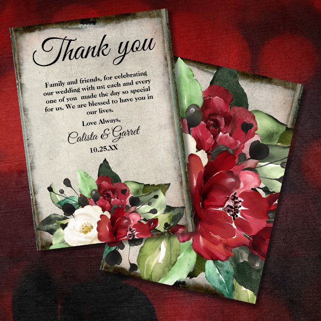 Elegant Dark Red Floral Grunge Grey Goth Wedding Thank You Card (Creator Uploaded)