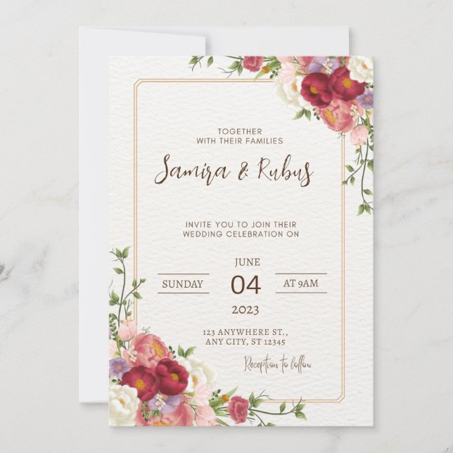 Elegant Dark Red Flower Wedding Invitation (Front)