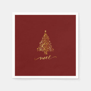 Elegant Dark Red & Gold Christmas Tree Noel Napkin