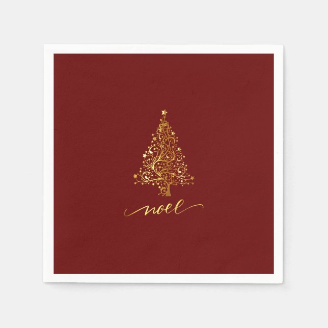 Elegant Dark Red & Gold Christmas Tree Noel Napkin (Front)