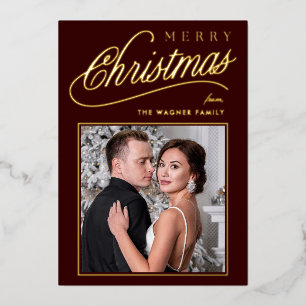 Elegant Dark Red Gold Script Merry Christmas Photo Foil Holiday Card