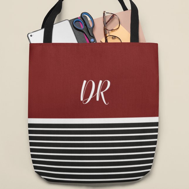 elegant dark red horizontal stripes with name tote bag (Creator Uploaded)