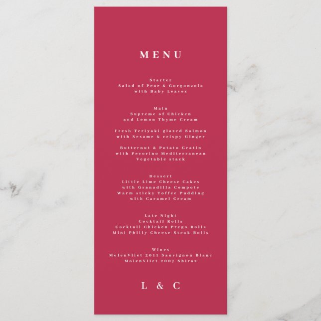 Elegant Dark Red Magenta Classic Wedding Menu (Front)
