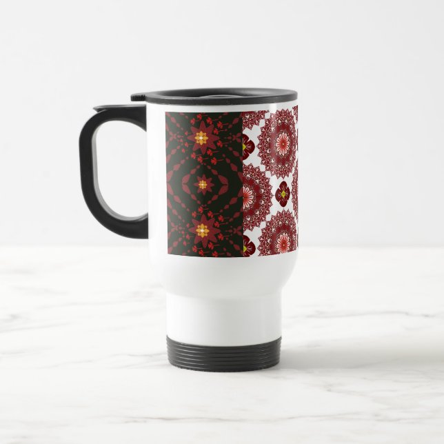 Elegant Dark Red Mandala Geometric Travel Mug – In (Left)