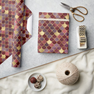 Elegant Dark Red Ombre Foil & Gold Mermaid Scales Wrapping Paper