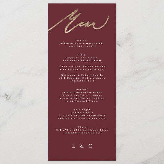 Elegant Dark Red Plum Burgundy Calligraphy Wedding Menu (Front)