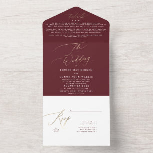 Elegant Dark Red Plum Burgundy Gold The Wedding All In One Invitation