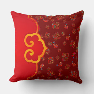 Elegant Dark Red Ruyi Lucky Symbol 福 Rabbits CNY  Cushion