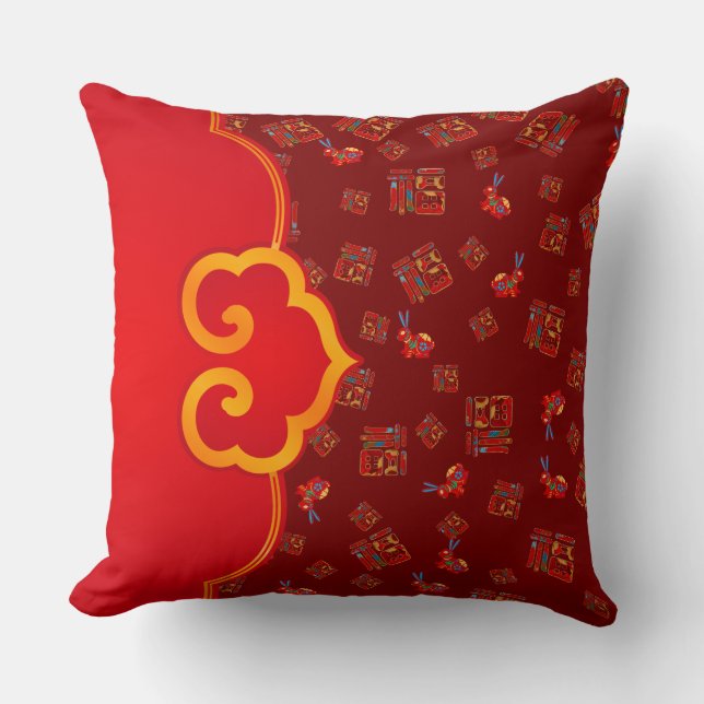 Elegant Dark Red Ruyi Lucky Symbol 福 Rabbits CNY  Cushion (Front)