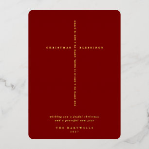 Elegant Dark Red Scripture Cross Foil Holiday Card