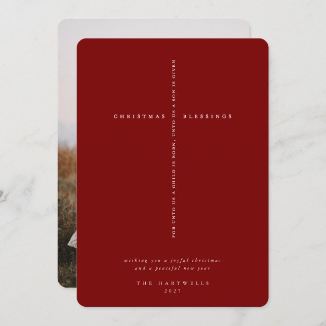 Elegant Dark Red Scripture Cross Photo Holiday Card (Front/Back)