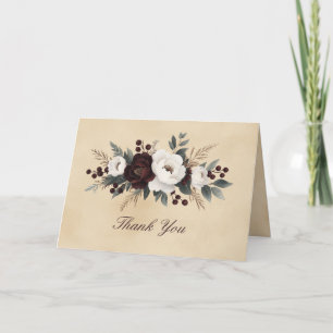 Elegant Dark Red White Flowers Floral Script Thank You Card