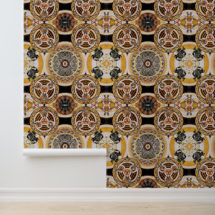 Elegant Dark Rich Art Nouveau Brown Beige Circles Wallpaper