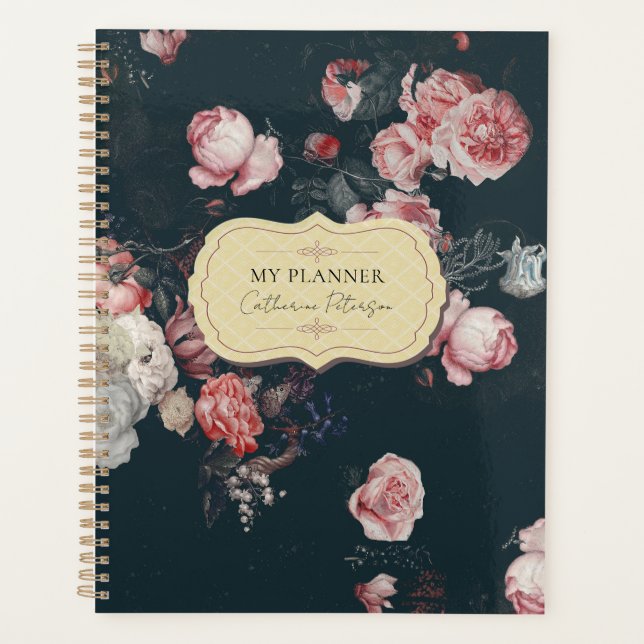 Elegant Dark Rich Chic Floral Pink Roses Planner (Front)