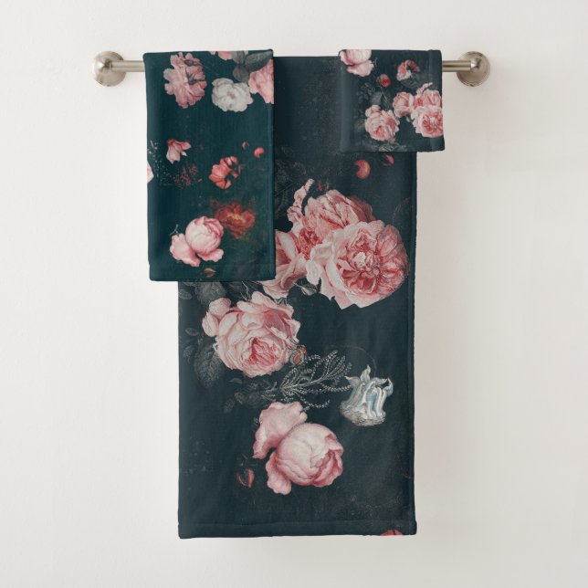 Elegant Dark Rich Dutch Floral Pink Roses  Bath Towel Set (Insitu)