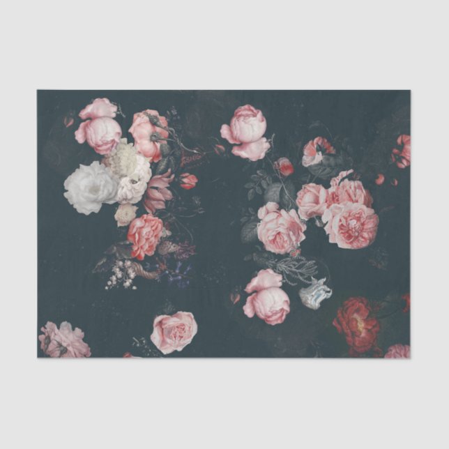 Elegant Dark Rich Dutch Floral Pink Roses  Tissue Paper (Front)