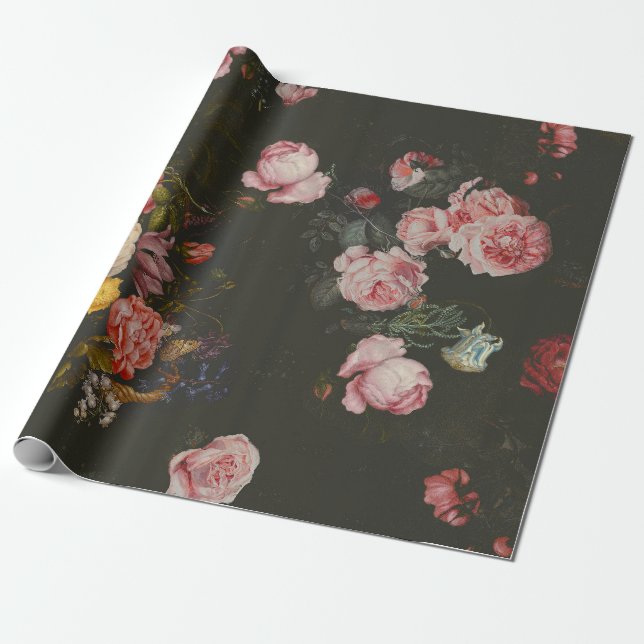 Elegant Dark Rich Dutch Floral Pink Roses Wrapping Paper (Unrolled)