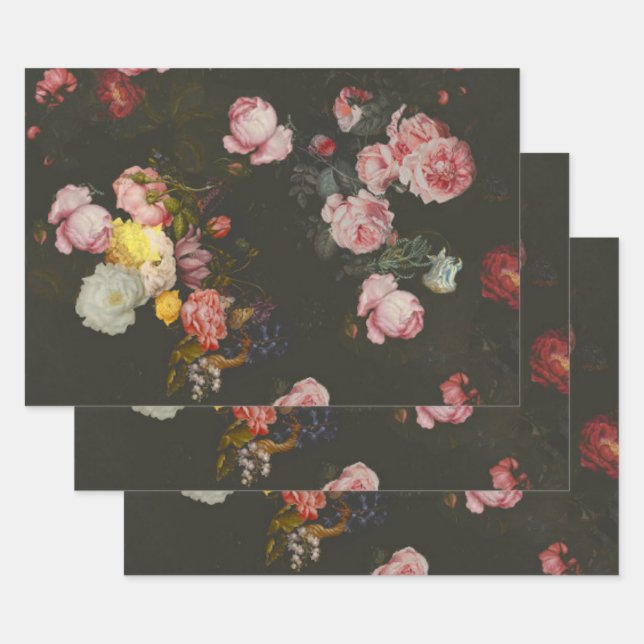 Elegant Dark Rich Dutch Floral Pink Roses  Wrapping Paper Sheet (Set)