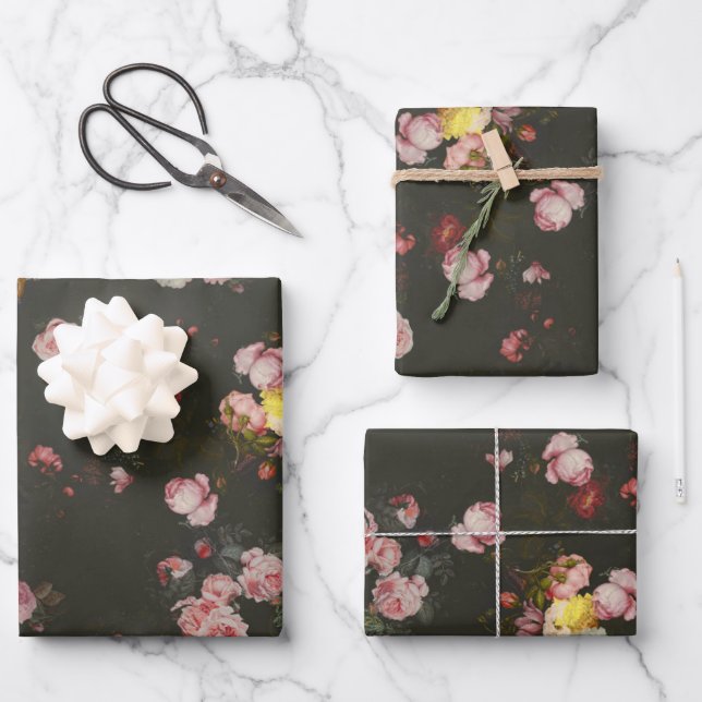 Elegant Dark Rich Dutch Floral Pink Roses Wrapping Paper Sheet (Front)